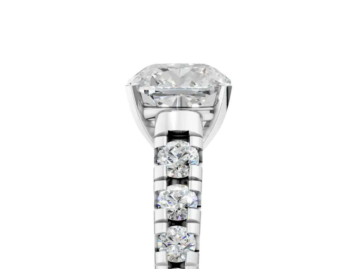 Cushion Cut Diamond Cathedral Solitaire Ring with Round Pavé Band Platinum