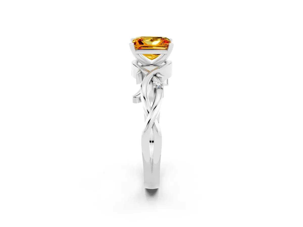 Princess Cut Citrine Solitaire Ring with Twisted Band and Prong Setting Platinum