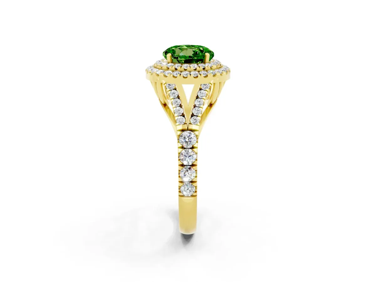 Round Cut Peridot Double Halo Ring with Split Shank and Prong Setting Yellow gold