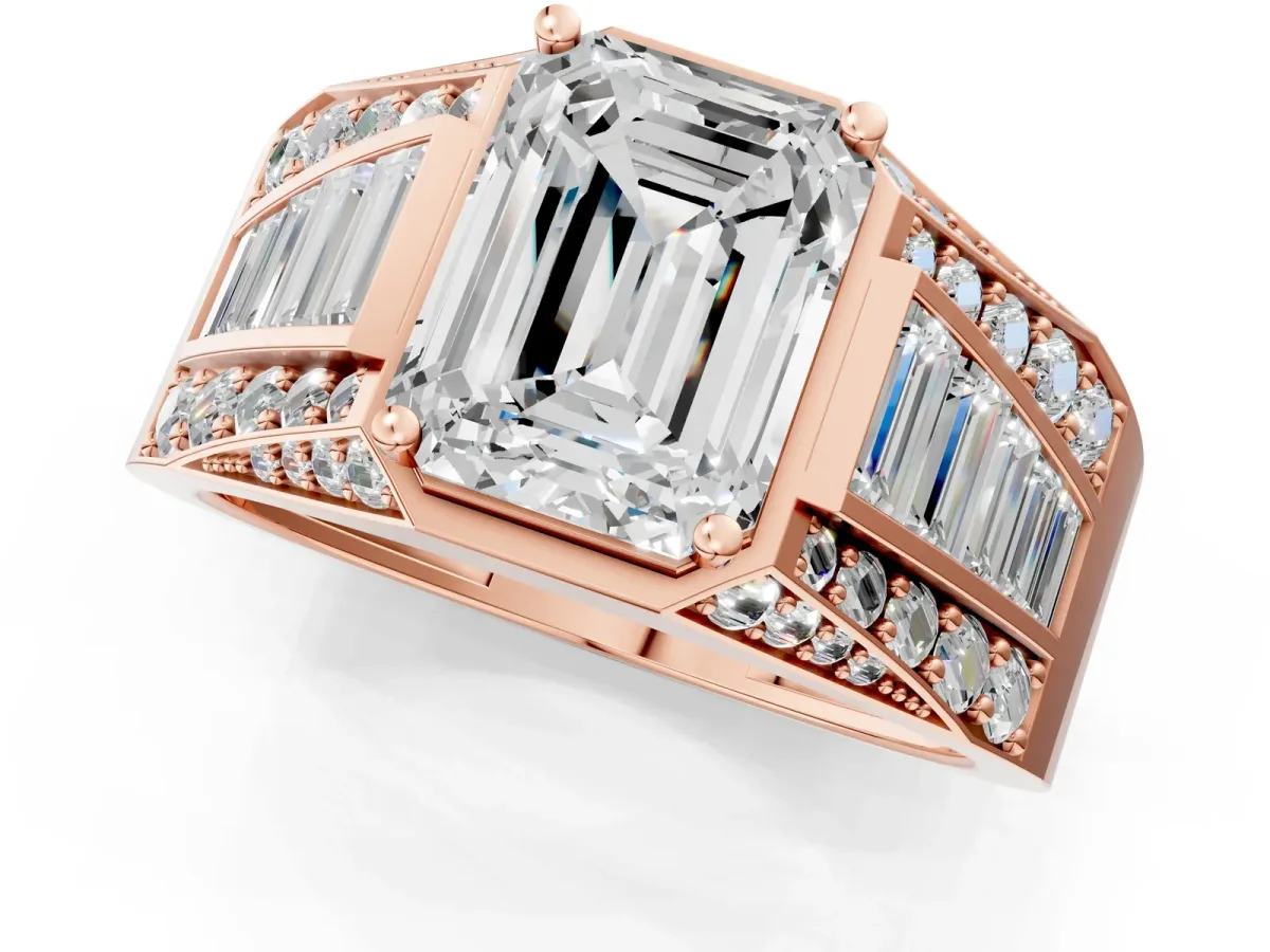 Emerald Cut Diamond Mens Ring with Baguette Side Stones Rose gold