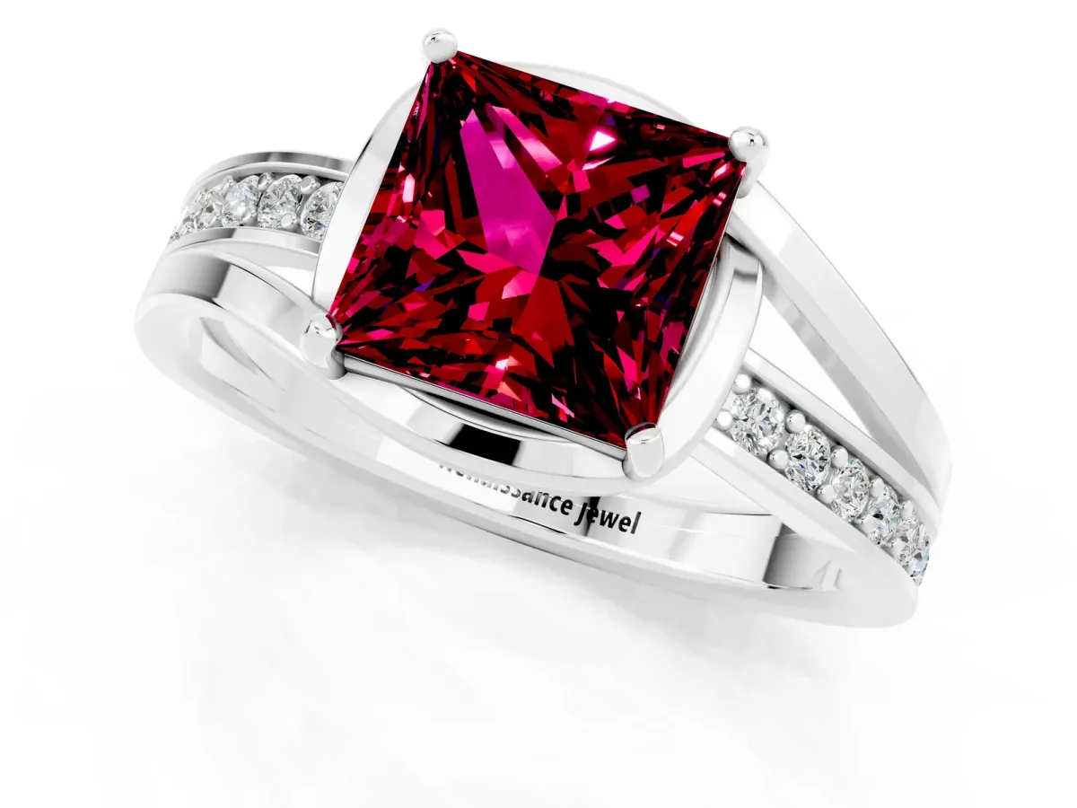 Princess Cut Garnet Solitaire Ring with Split Shank and Prong Setting Platinum