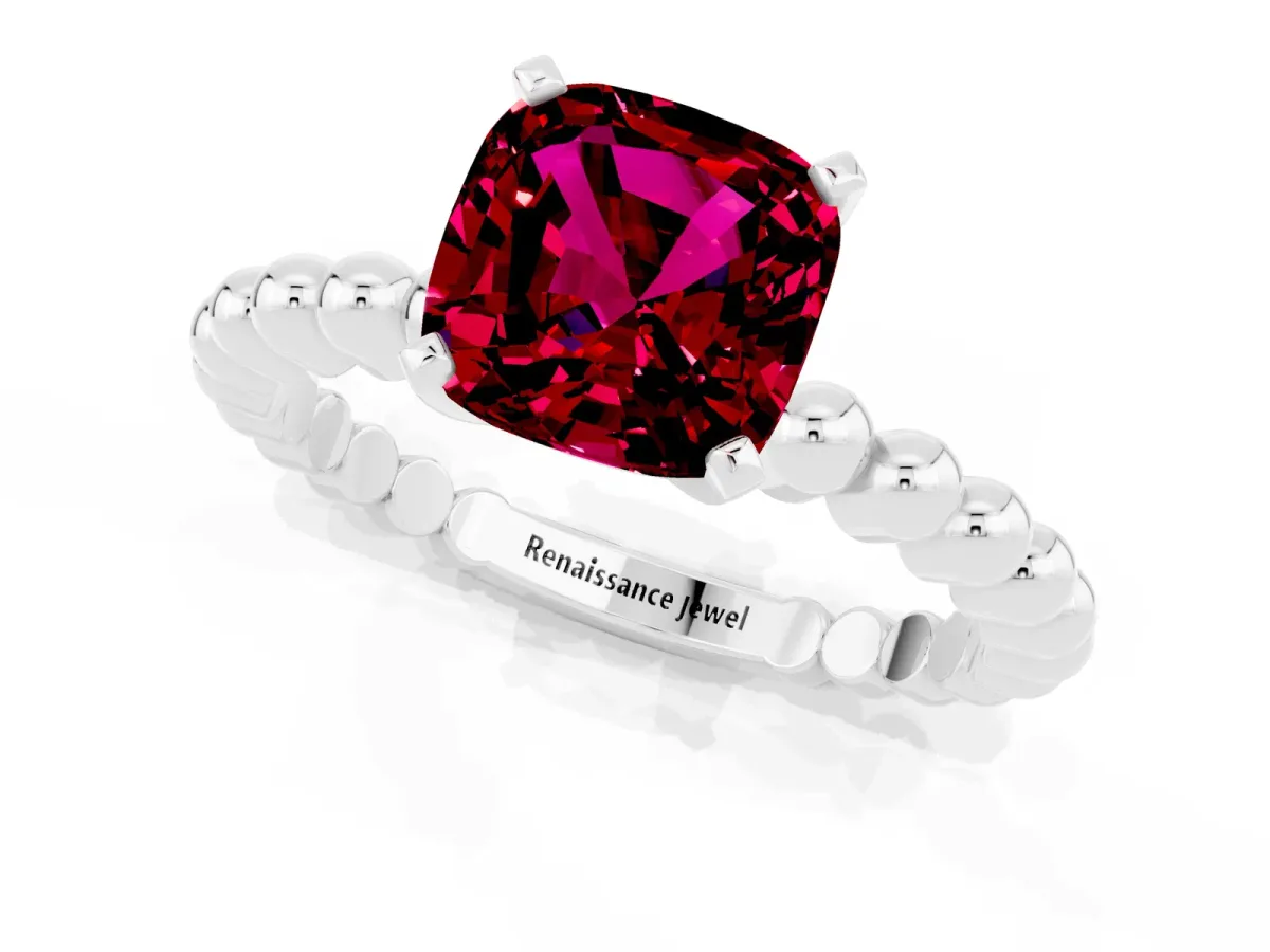 Cushion Cut Garnet Solitaire Ring with Beaded Band and Prong Setting Platinum