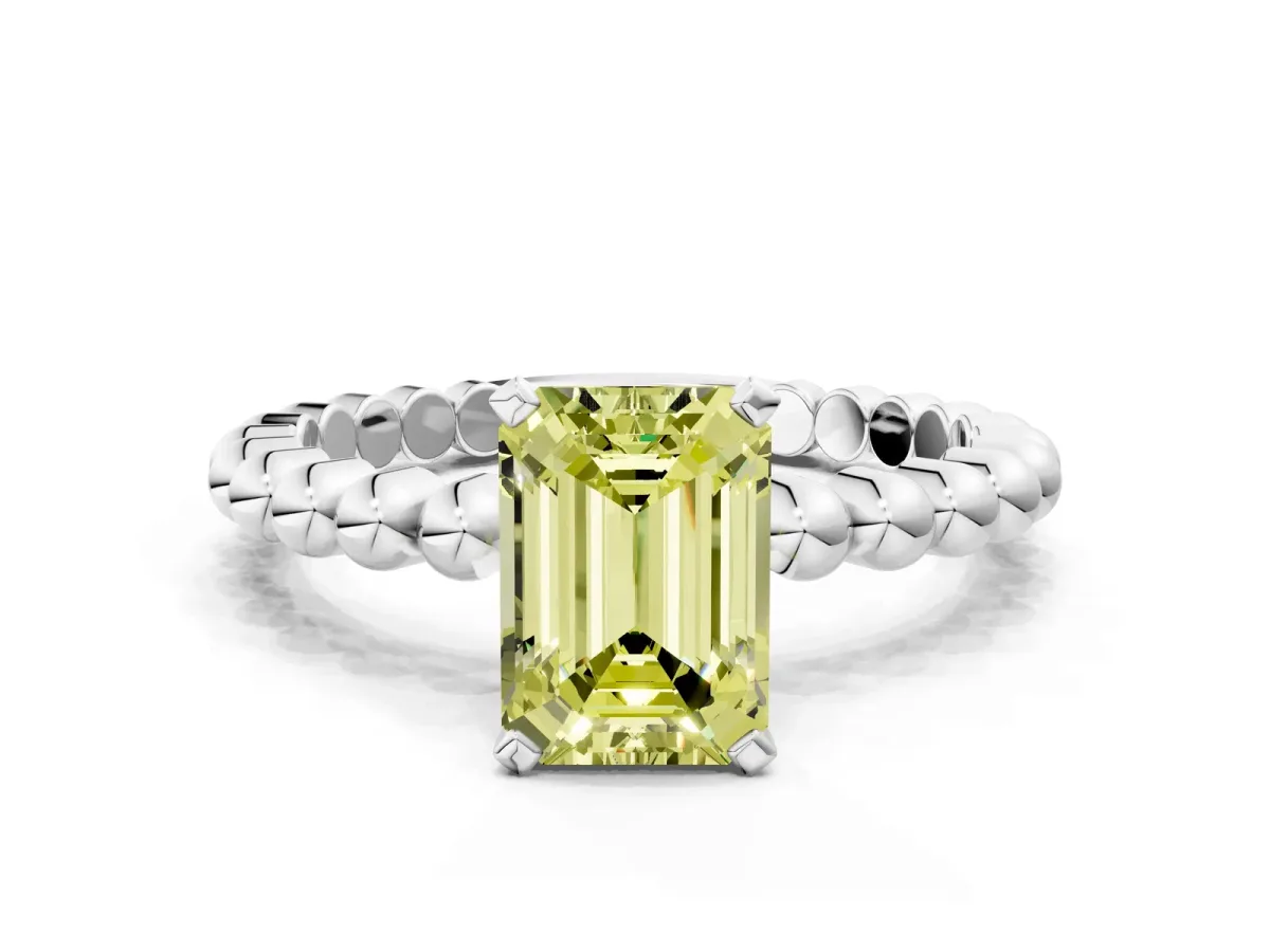 Fancy Yellow Emerald Cut Diamond Solitaire Ring with Beaded Band and Prong Setting White gold