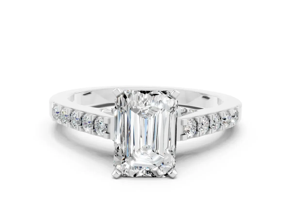 Emerald Cut Moissanite Solitaire Ring with Crossover Gallery and Round Pavé Band Silver