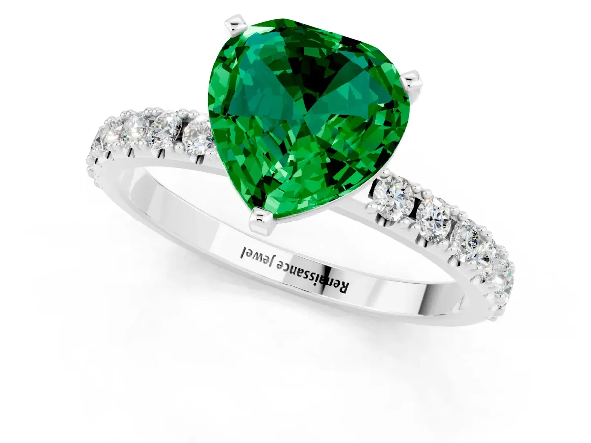 Heart Cut Emerald Solitaire Pavé Band with Four-Prong Setting Silver