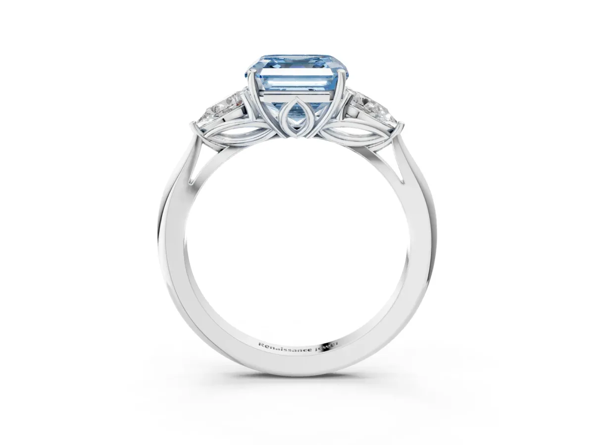 Fancy Blue Three-Stone Asscher Cut Diamond Ring with Pear Side Stones in Four-Prong Setting Platinum
