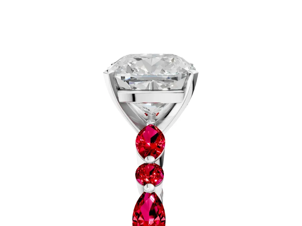 Cushion Cut Diamond Ring with Marquise and Round Ruby Side Stones and Four-Prong Setting Platinum