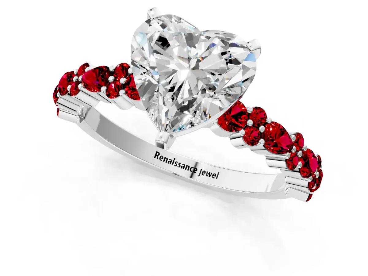 Heart Cut Diamond Side Stone Solitaire Ring with Round Ruby and Four-Prong Setting Silver