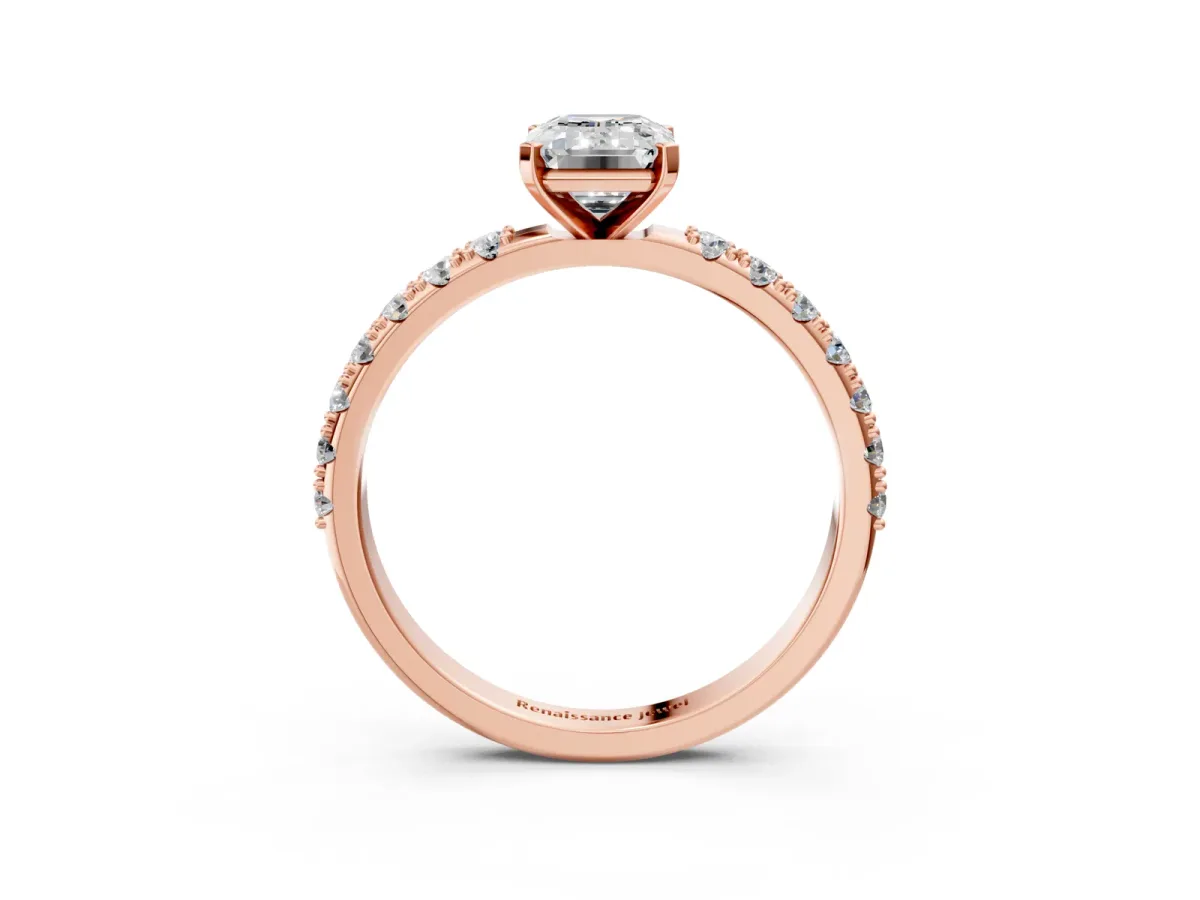 Emerald Cut Diamond Solitaire Pavé Band with Four-Prong Setting Rose gold
