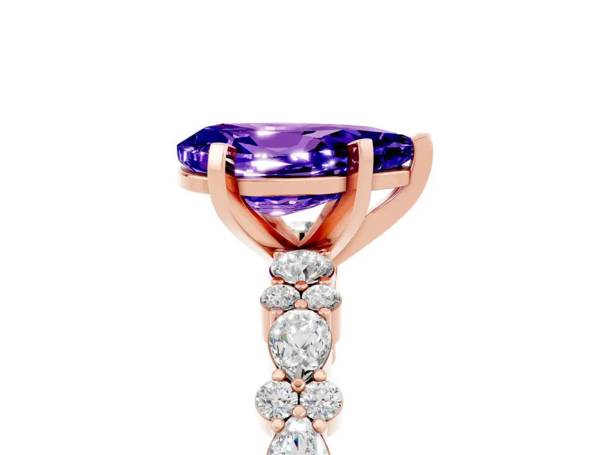 Pear Cut Tanzanite Side Stone Solitaire Ring with Round and Four-Prong Setting Rose gold