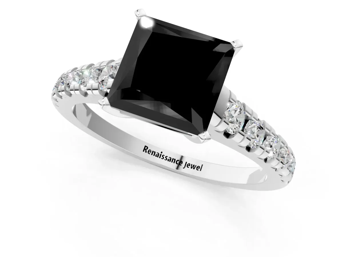 Fancy Black Princess Cut Diamond Cathedral Solitaire Ring with Round Pavé Band Silver