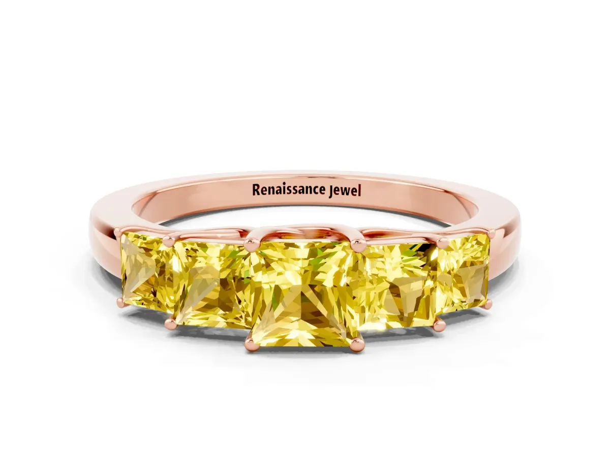 Princess Cut Five-Stone Yellow Sapphire Ring with Classic Prong Setting Rose gold