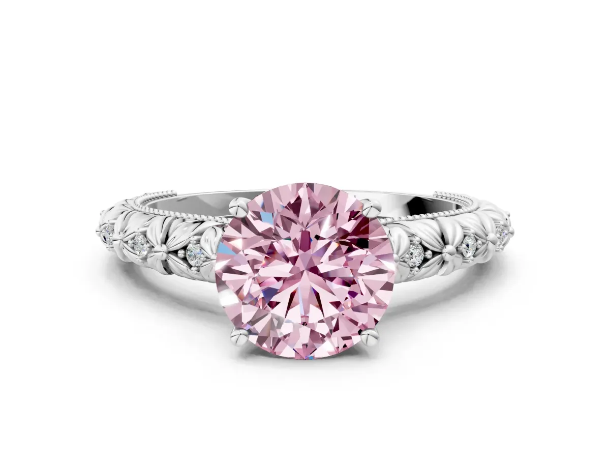 Fancy Pink Round Cut Solitaire Floral Milgrain Engagement Ring Silver