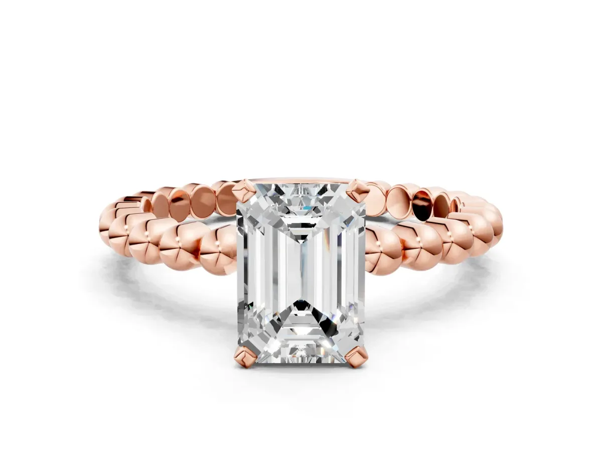 Emerald Cut Diamond Solitaire Ring with Beaded Band and Prong Setting Rose gold