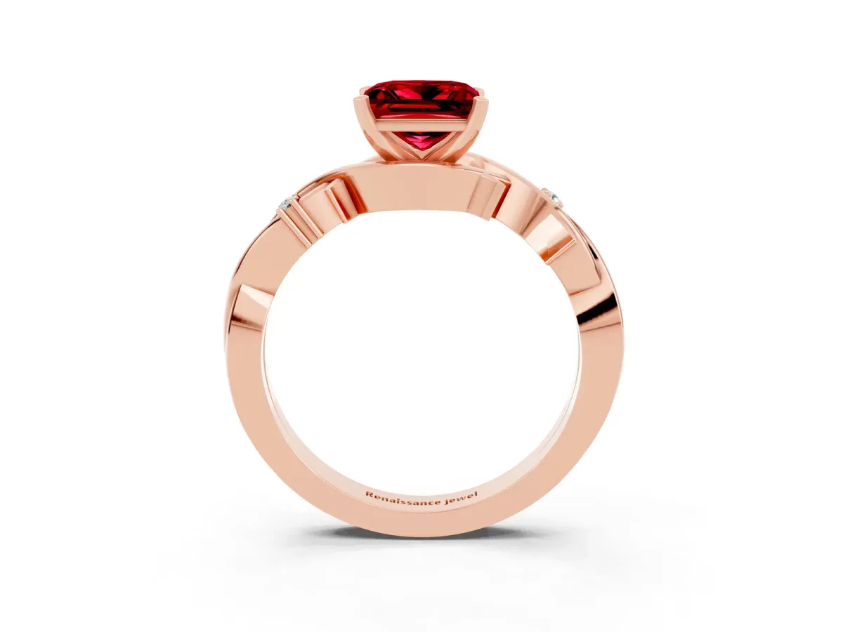 Princess Cut Ruby Solitaire Ring with Twisted Band and Prong Setting Rose gold