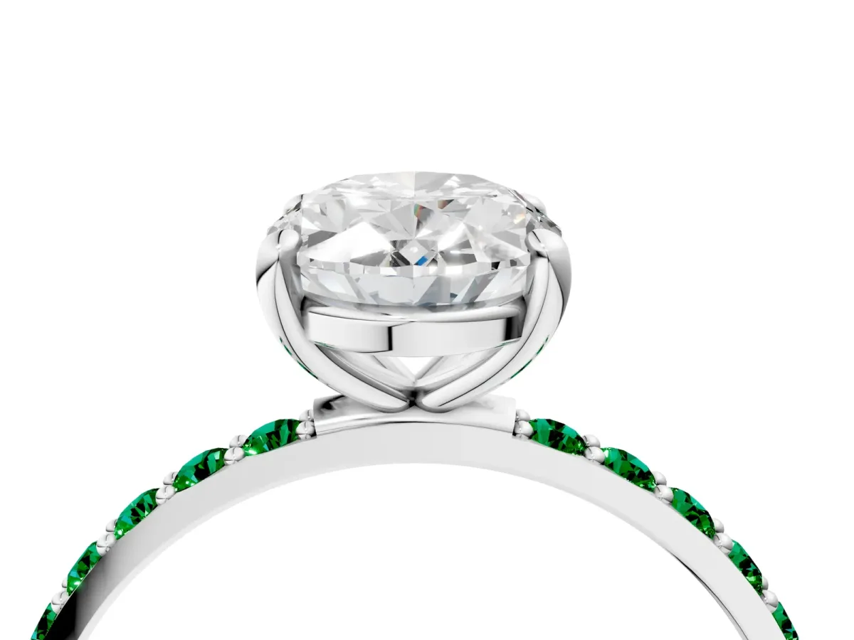 Oval Cut Diamond Solitaire Ring with Round Emerald Pavé Band and Prong Setting Platinum