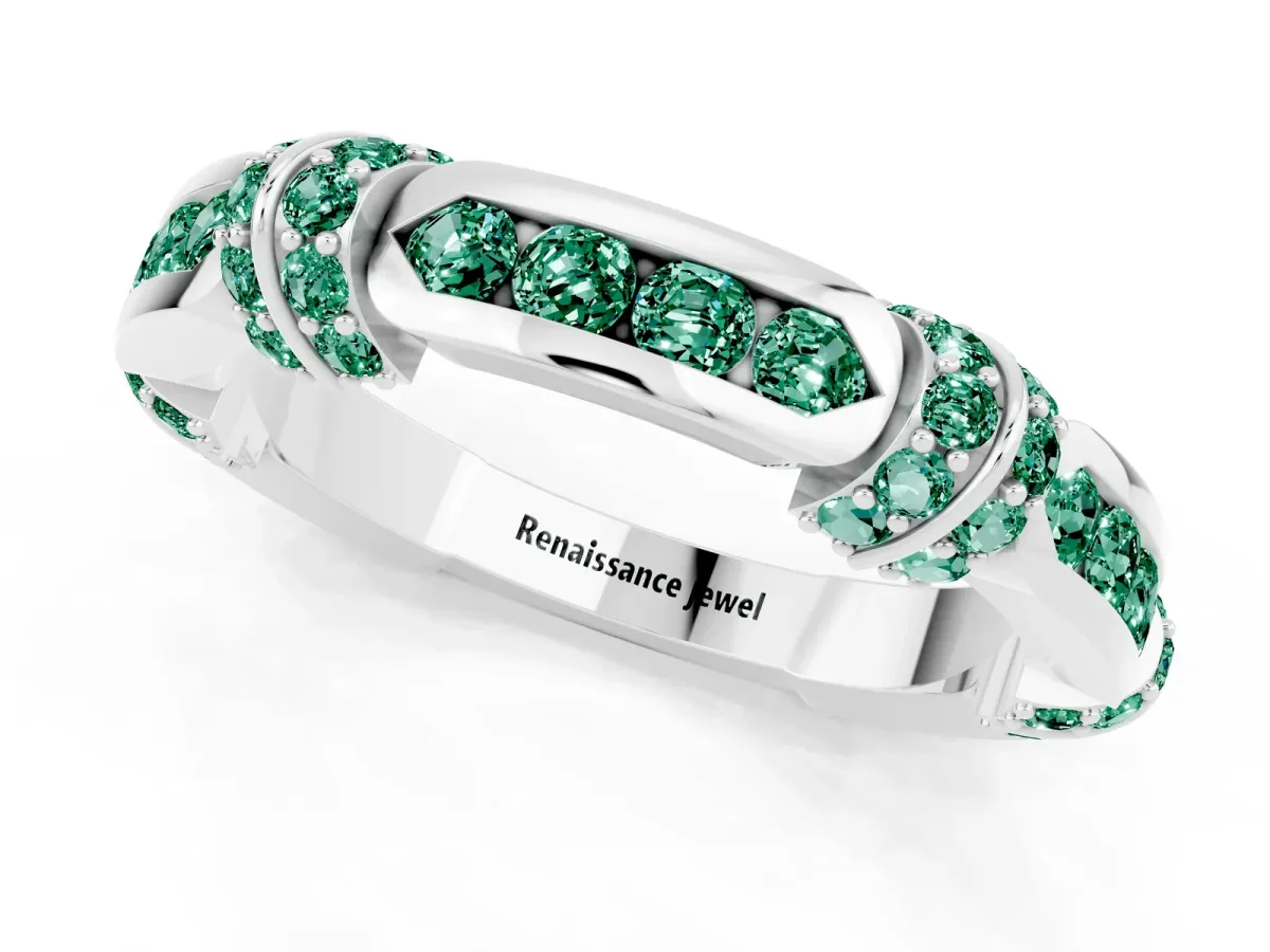 Pavé Round Green Sapphire Link Band with Bezel Setting White gold