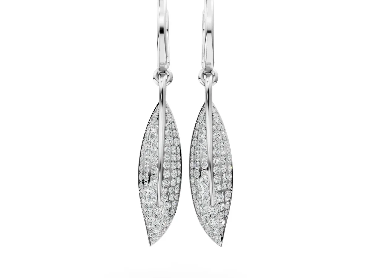 Round Diamond Pavé Leaf Huggie Drop Earrings Silver