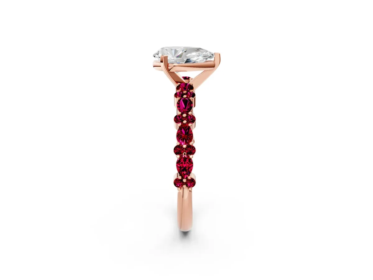 Pear Cut Diamond Side Stone Solitaire Ring with Round Garnet and Four-Prong Setting Rose gold