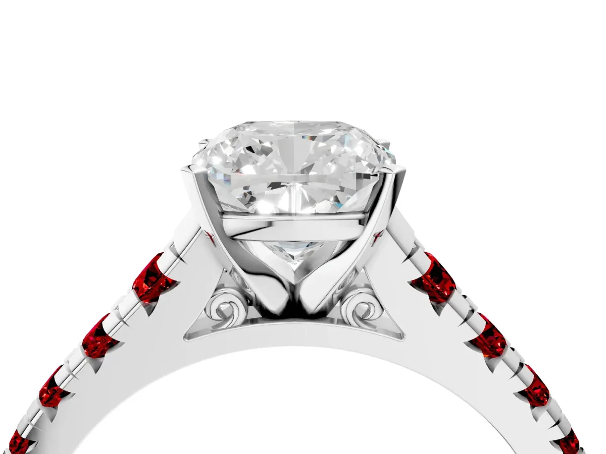 Cushion Cut Diamond Cathedral Solitaire Ring with Round Ruby Pavé Band White gold