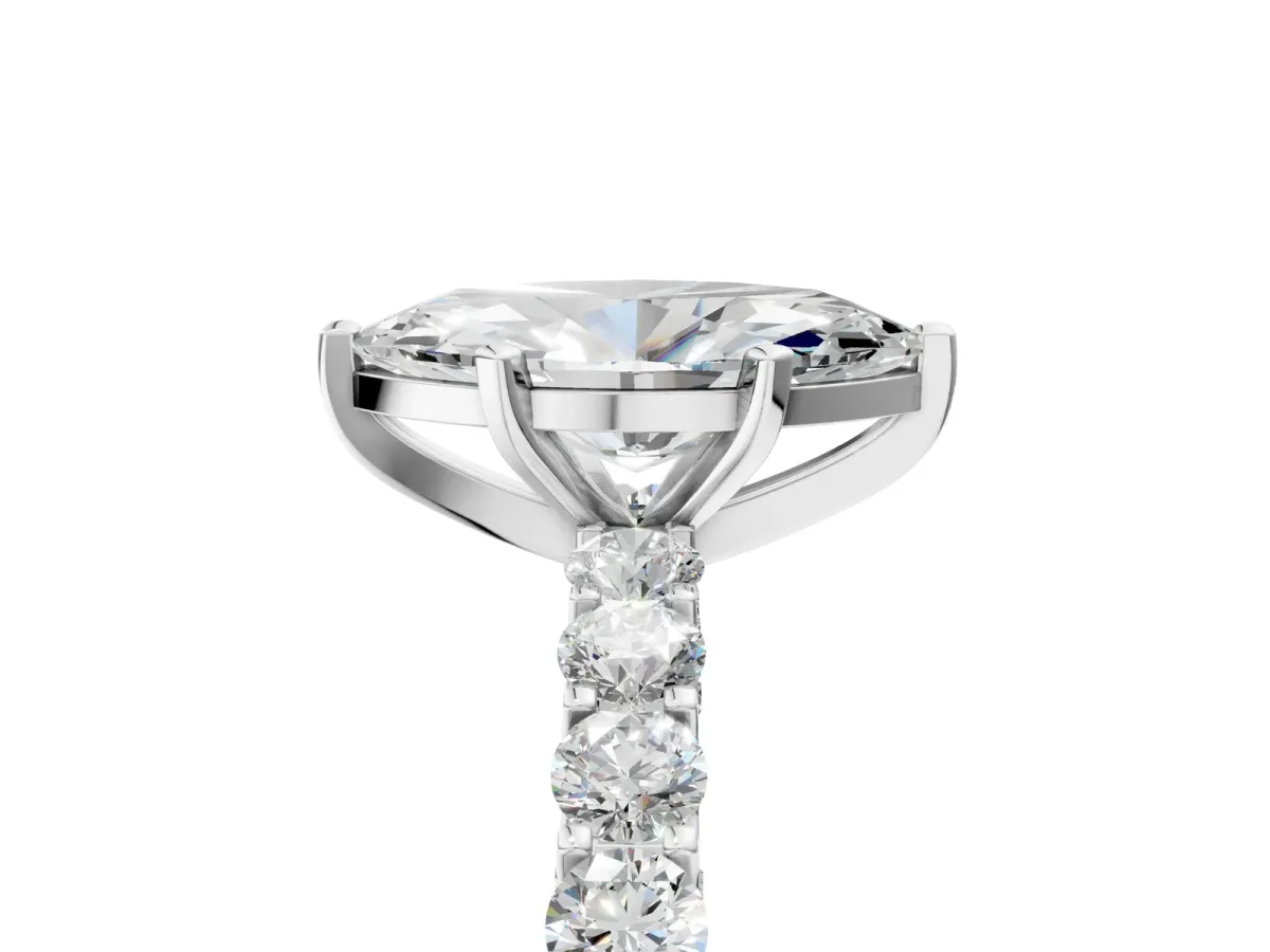 Marquise Cut Diamond Solitaire Ring with Shared Prong Pavé Band and Four-Prong Setting Silver