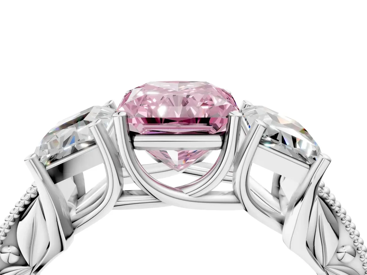 Fancy Pink Three-Stone Radiant Cut Cut Milgrain Pavé Engagement Ring Platinum