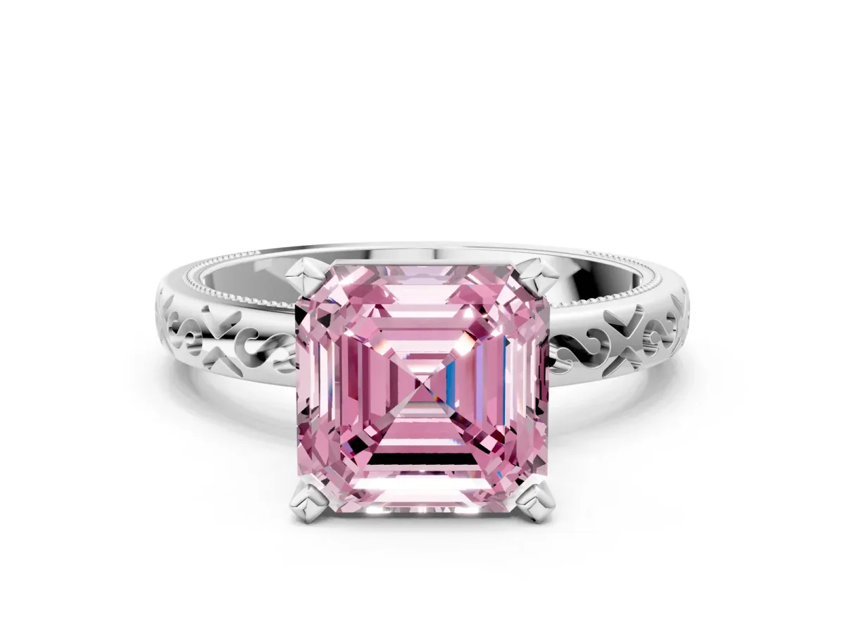Fancy Pink Asscher Cut Solitaire Engagement Ring with Scrollwork Band and Four-Prong Setting Platinum