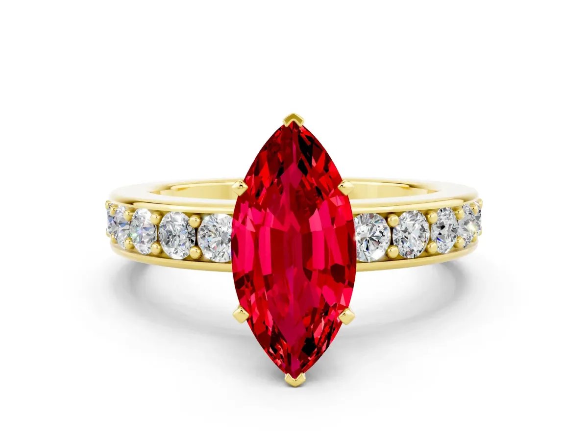 Marquise Cut Ruby Engagement Ring with Channel Set Round Band and Prong Setting Yellow gold