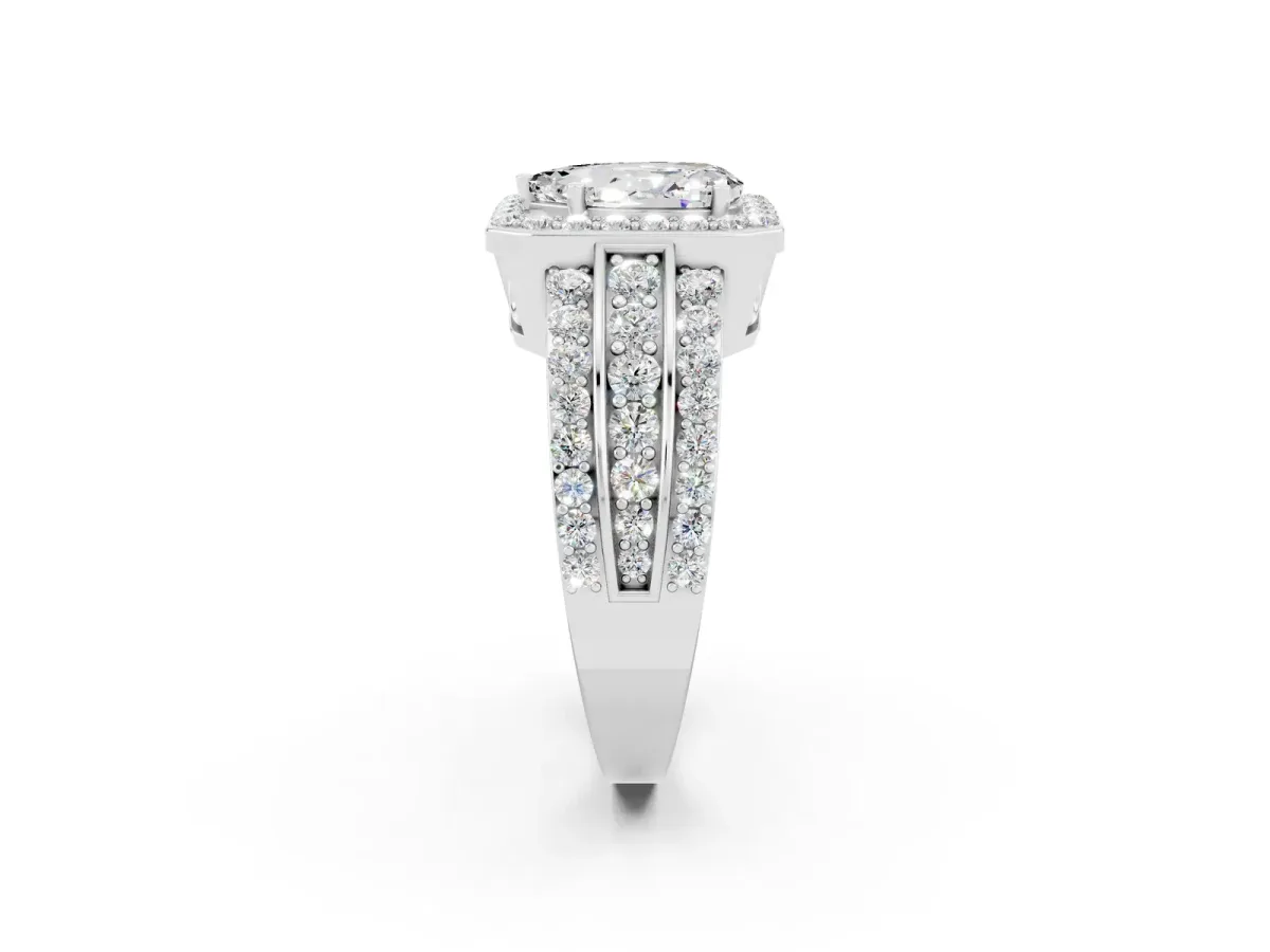 Pear Cut Halo Moissanite Ring with Round Split Shank and Prong Setting Silver