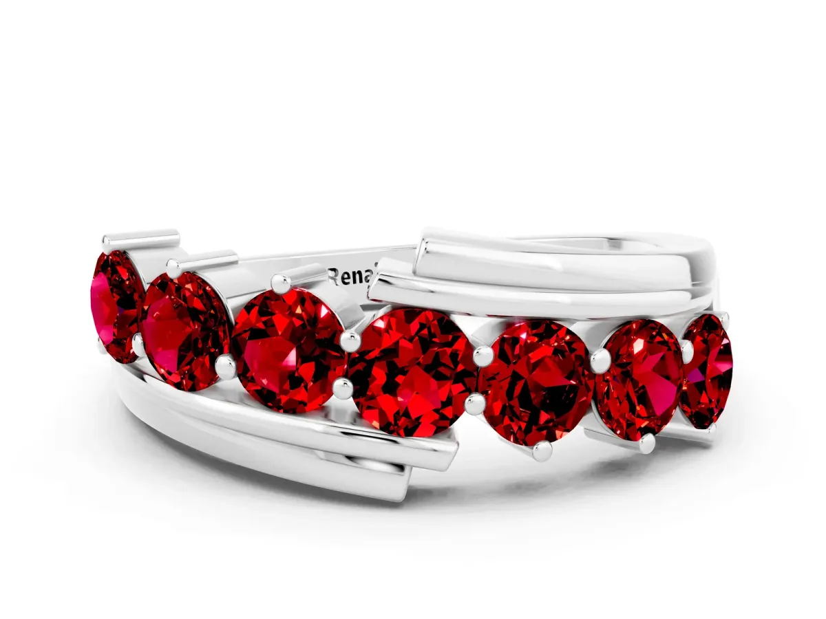 Round Ruby Wave Band with Channel and Shared Prong Setting Platinum