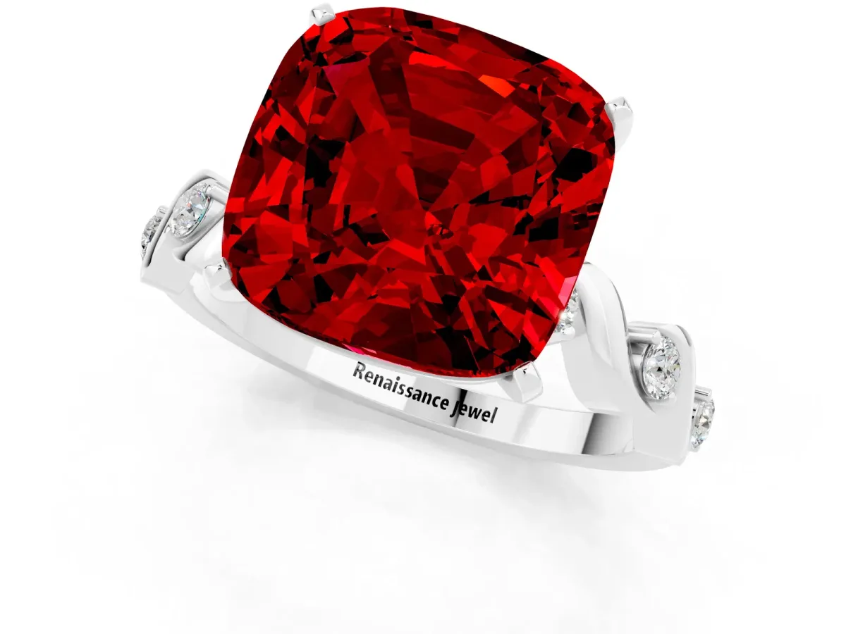 Cushion Cut Ruby Solitaire Twisted Band with Round Accents and Prong Setting Silver