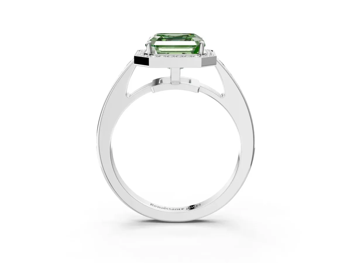 Fancy Green Asscher Cut Halo Pavé Diamond Engagement Ring with Bezel Setting Silver