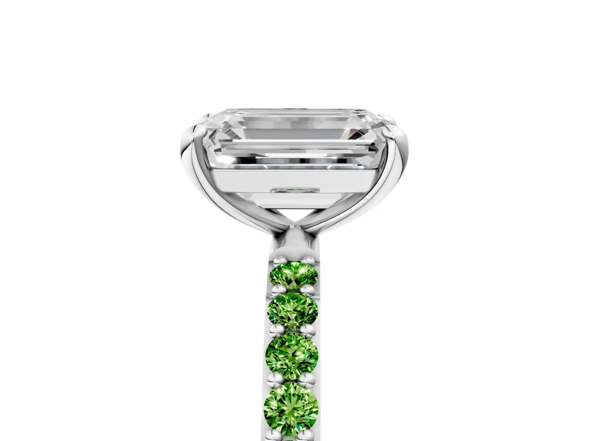 Emerald Cut Diamond Solitaire Ring with Round Peridot Pavé Band and Prong Setting Silver