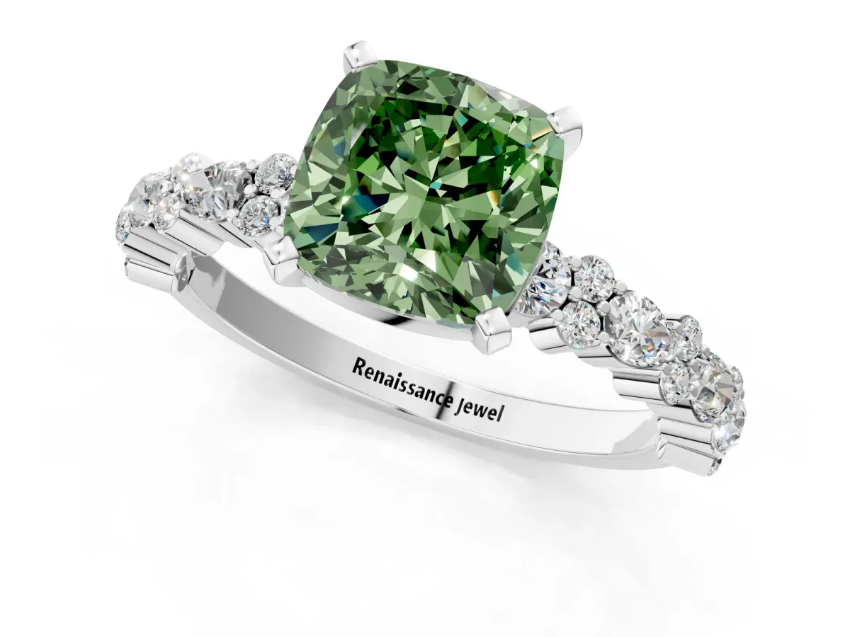 Fancy Green Cushion Cut Diamond Side Stone Solitaire Ring with Round and Four-Prong Setting Platinum