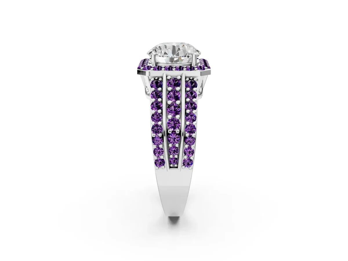 Round Cut Halo Diamond Ring with Round Amethyst Split Shank and Prong Setting Platinum