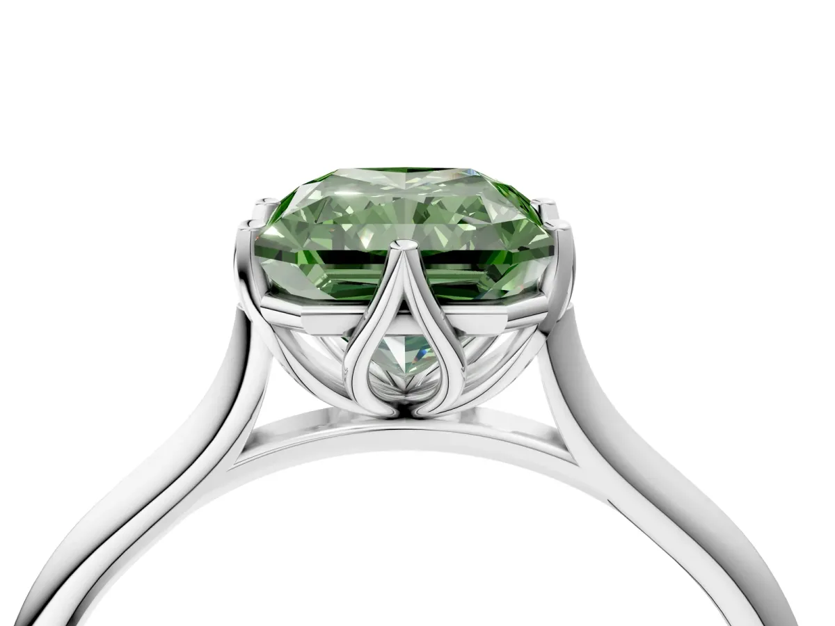Fancy Green Radiant Cut Solitaire Cathedral Diamond Ring with Six-Prong Setting Platinum
