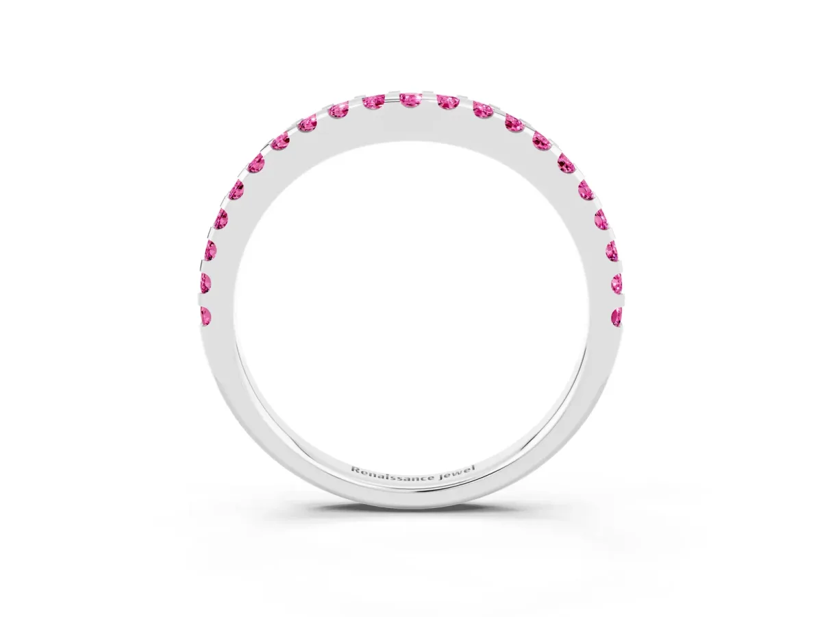 Round Pink Sapphire Pavé Curved Wedding Band Silver