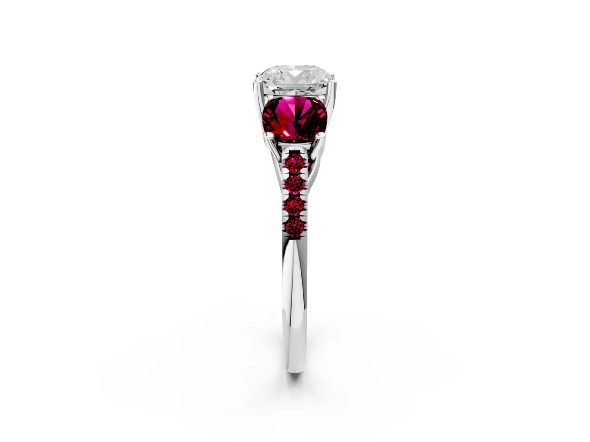Three-Stone Cushion Cut Diamond Ring with Round Garnet Pavé Band and Prong Setting Silver