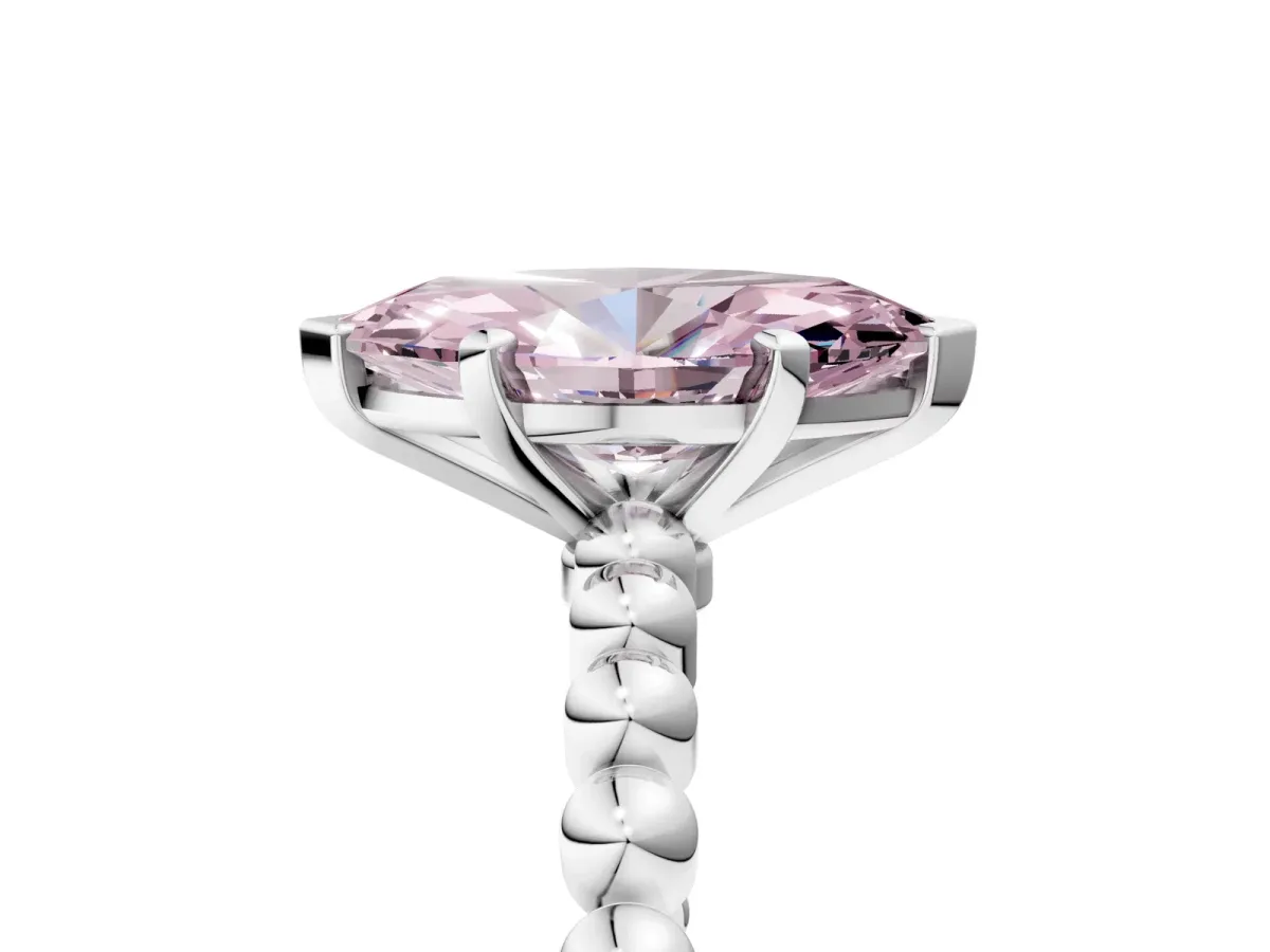 Fancy Pink Marquise Cut Diamond Solitaire Ring with Beaded Band and Prong Setting Silver
