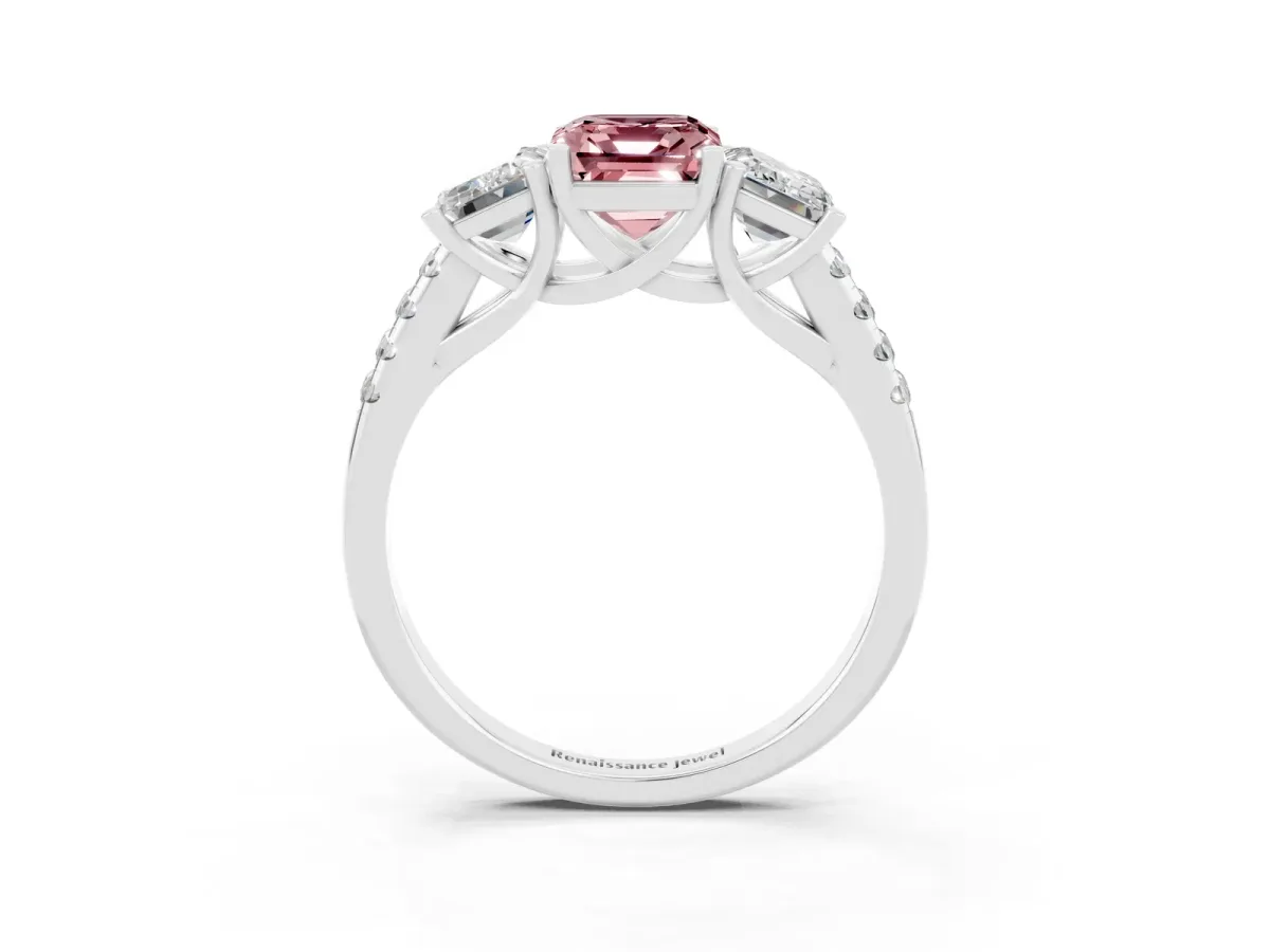 Three-Stone Emerald Cut Morganite Ring with Round Pavé Band and Prong Setting Silver