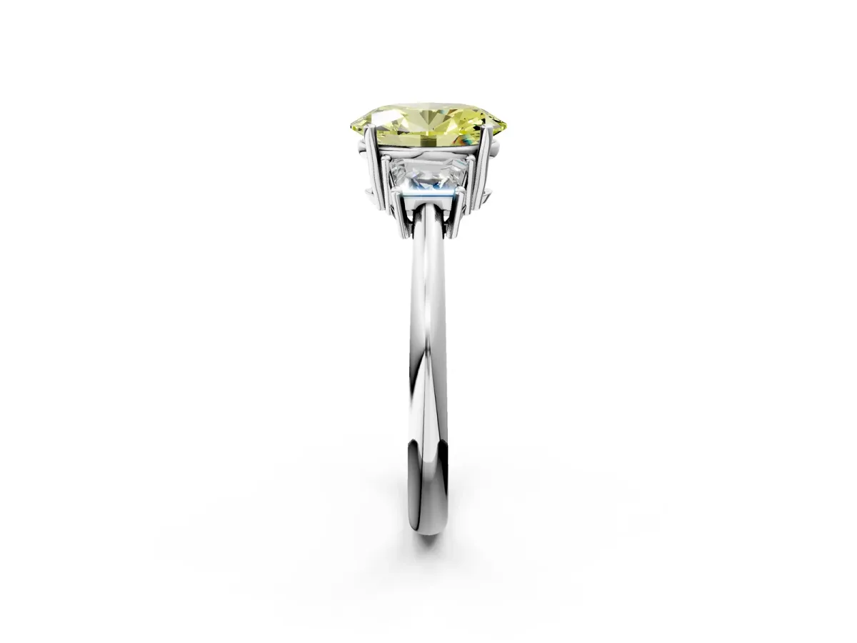 Fancy Yellow Oval Cut Diamond Three-Stone Ring with Trapezoid Side Stones and Prong Setting Platinum