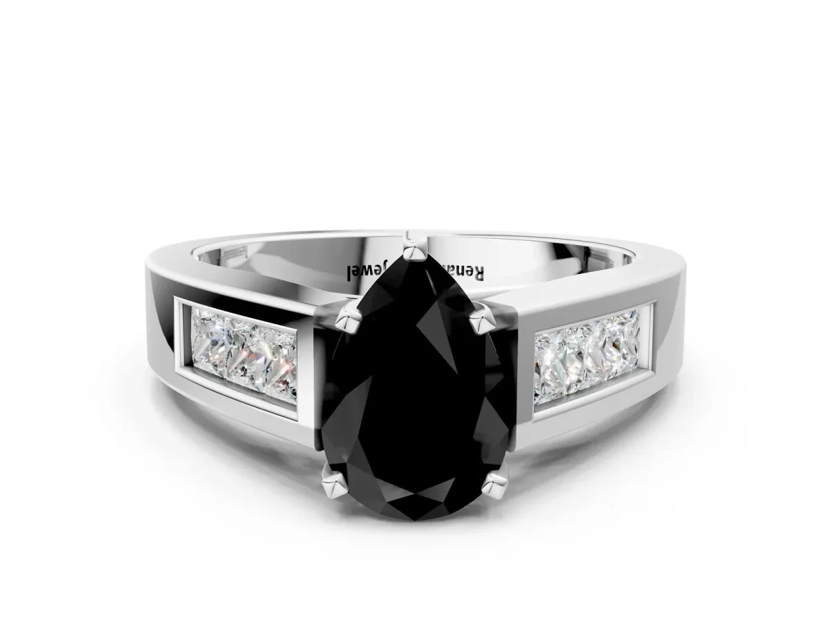 Fancy Black Pear Cut Cut Channel Set Solitaire Ring with Four-Prong Setting Silver