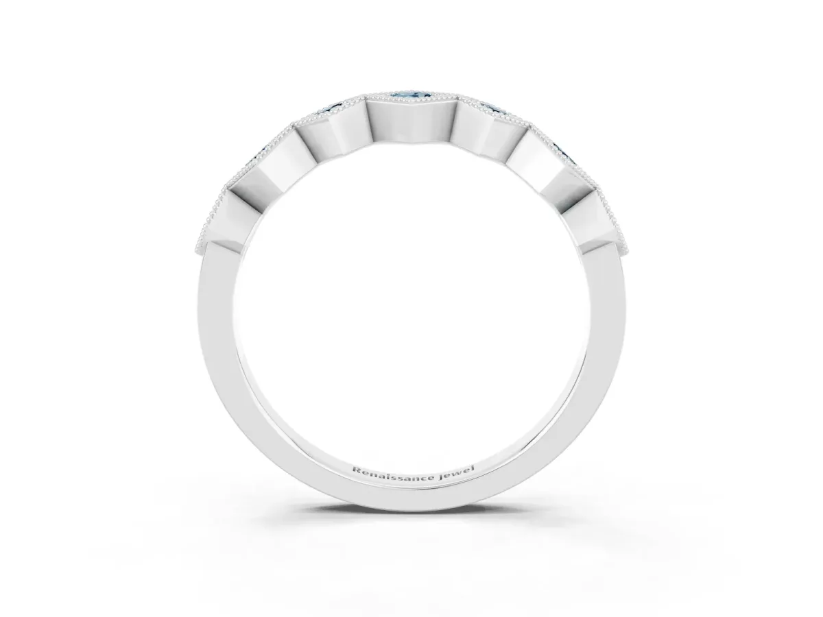 Milgrain Square Bezel Round Aquamarine Chevron Band Platinum