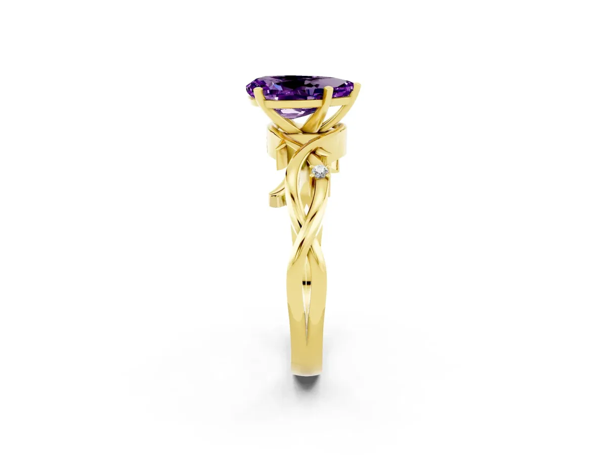 Pear Cut Amethyst Solitaire Ring with Twisted Band and Prong Setting Yellow gold