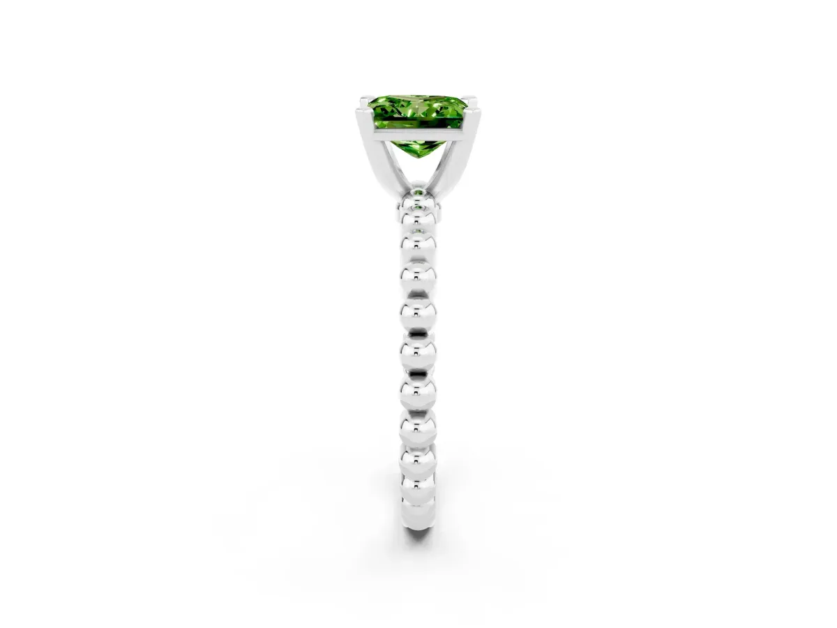 Princess Cut Peridot Solitaire Ring with Beaded Band and Prong Setting White gold