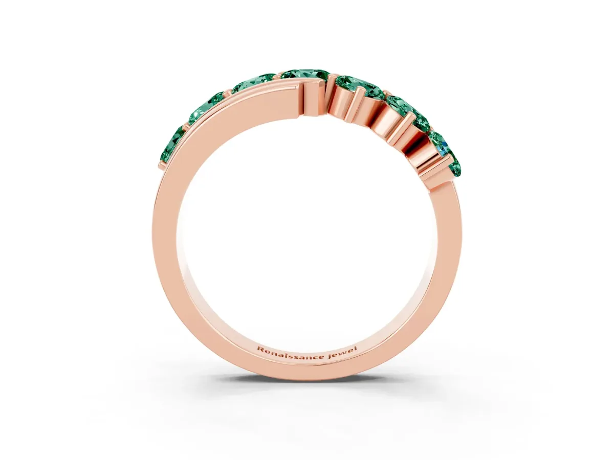 Round Green Sapphire Wave Band with Channel and Shared Prong Setting Rose gold