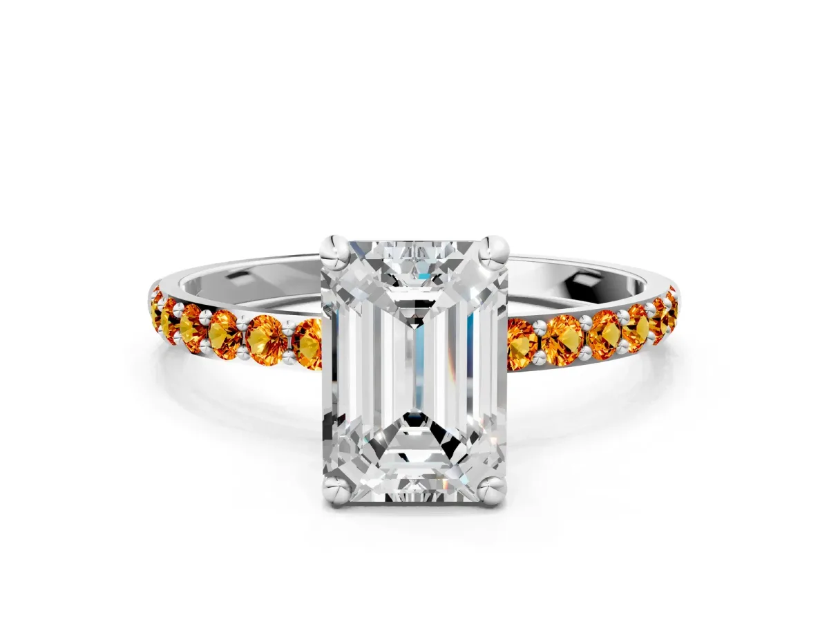 Emerald Cut Diamond Solitaire Ring with Round Citrine Pavé Band and Prong Setting Silver