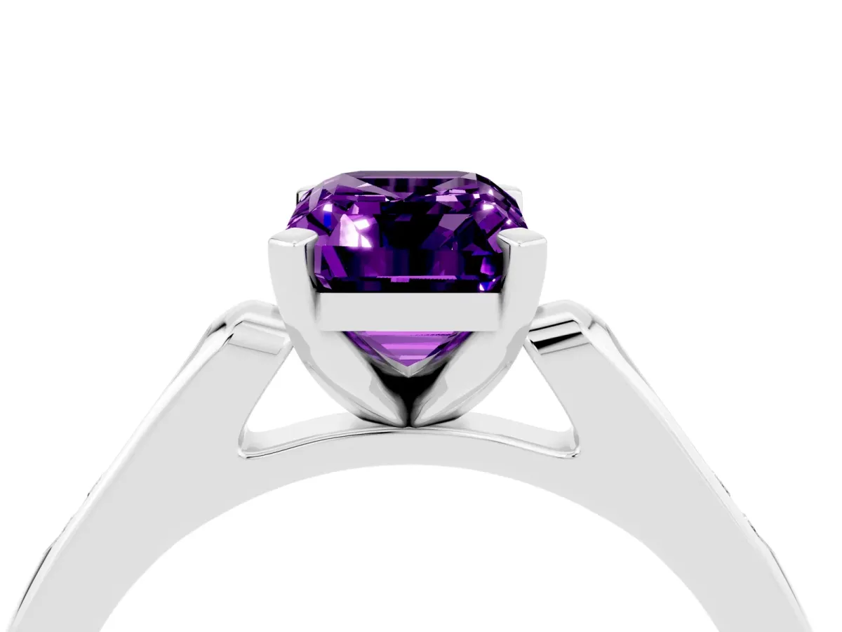 Emerald Cut Amethyst Solitaire Ring with Channel Set Round Band and Prong Setting Silver