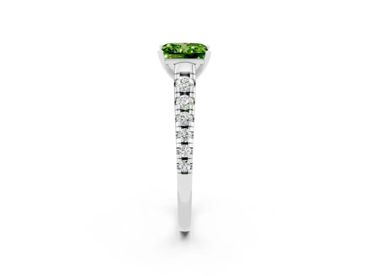 Princess Cut Peridot Cathedral Solitaire Ring with Round Pavé Band Platinum
