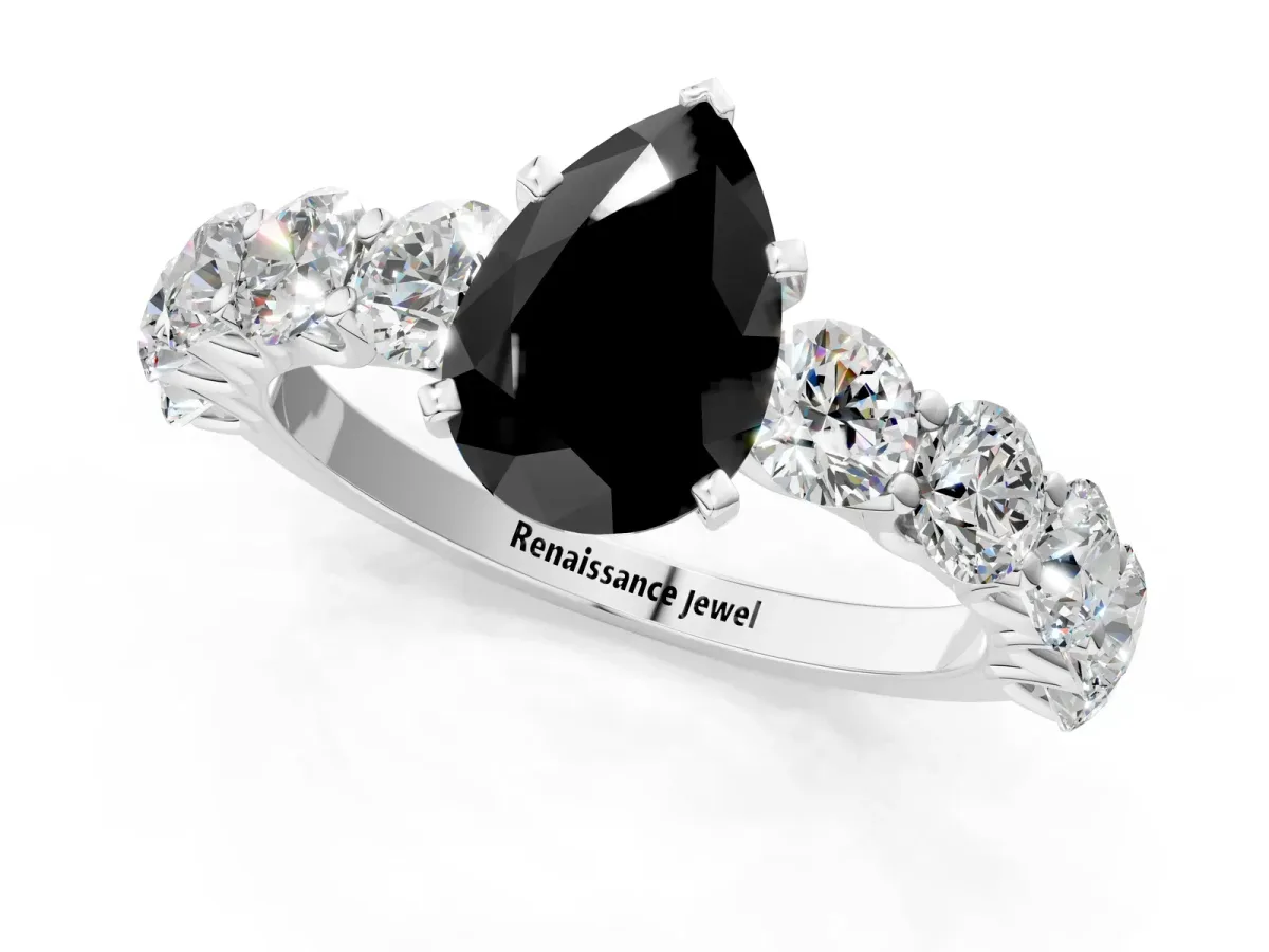 Fancy Black Pear Cut Diamond Prong Setting with Side Stones on a Pave Band Silver